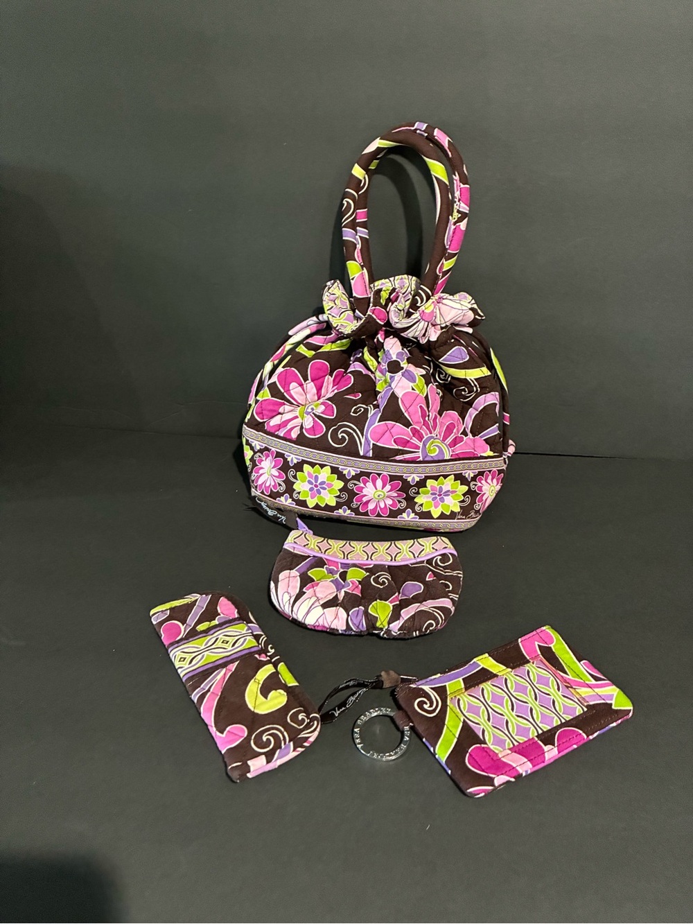 Vera Bradley Brown Floral Drawstring Satchel with Pink & Green Accents